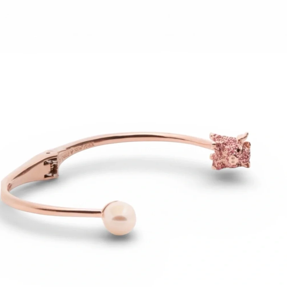 Kate Spade New York 12K Gold Pink Imagination Pig Open Hinge Bangle Bracelet
